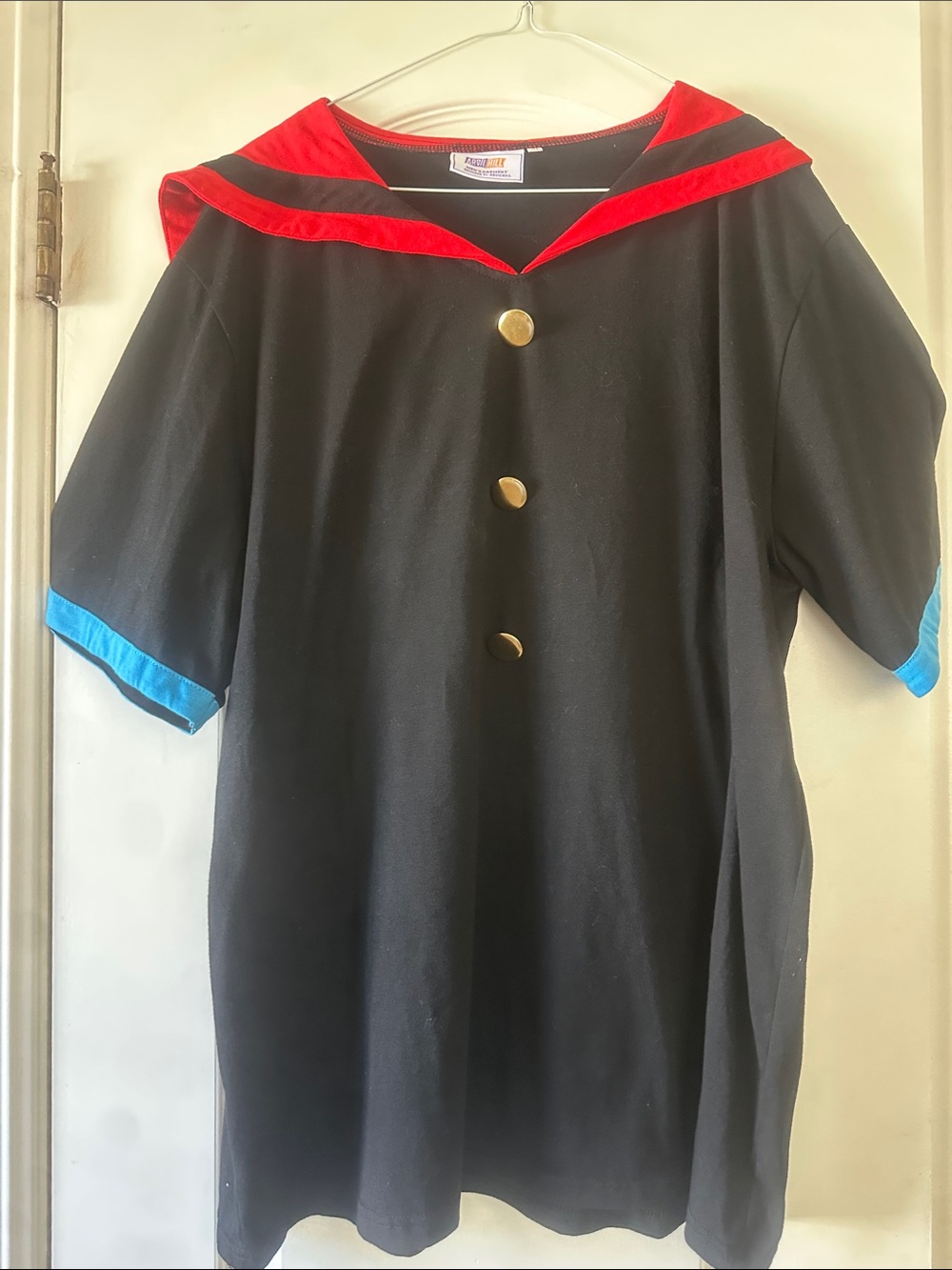 Adult Black Sailor-Style Hoodie with Red Trim and Blue Sleeve Accents